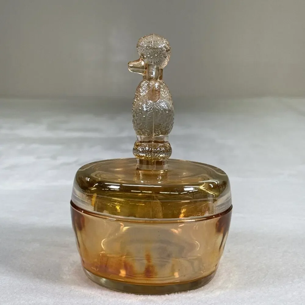 Vintage Jeanette Glass Iridescent Peach Lustre Poodle Dresser Box 6 1/2